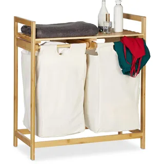 Relaxdays Wäschekorb Bambus, Wäschesortierer mit Ablage, 2 Fächer, ausziehbar, tragbarer Wäschebehälter, 60 Liter, Natur,