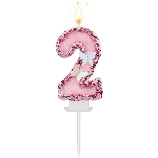 8 X 5 cm Geburtstag Nummer Kerzen, Glitzernde Zahlenkerze Rosa Zahlenkerzen Kuchenaufsatz Schmetterlings-Geburtstagskerzen mit Pailletten für Jubiläumsfeiern (Nummer 2)
