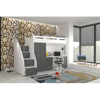 thematys Etagenbett 80x200cm mit Treppe, Schrank und Schreibtisch Hochglanz (für Jungen und Mädchen, Jugendbett, Kleiderschrank, Kinderzimmer, 3 in 1, 180cm x 130cm x 259cm) grau