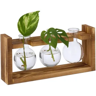 Relaxdays Reagenzglas Vase, runde Glasvasen mit Halterung, Blumen & Pflanzen, HxBxT: 13x28x6,5 cm, transparent/Natur,