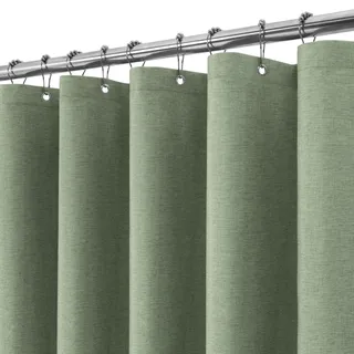 VANZAVANZU Duschvorhang Leinen mit Metall Duschvorhangringe Stoff Textil Badewannenvorhang Anti Schimmel Bad Vorhang Set Wasserdicht Schwerer Badewanne Vorhang - 182 x 182cm (Grün)
