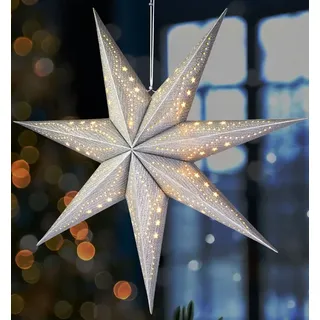BRUBAKER Dekostern 3D Weihnachtsstern zum Aufhängen - Fenster Papierstern mit E14 Fassung, 1 St., 60 cm Deko Adventsstern - Weihnachten Leuchtstern mit 3,5 m Kabel silberfarben