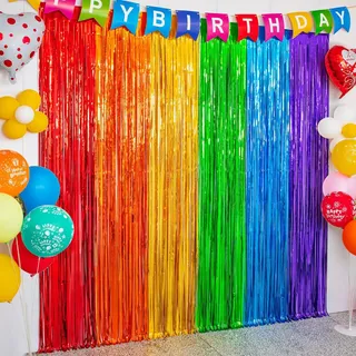 2 Stück Lametta Vorhänge Regenbogen, Metallische Folie Fransen Vorhang, Glitzervorhang Lametta, für Weihnachtsbaum Geburtstagsfeier Hintergrund Regenbogen Fasching Party(1m x 2m)