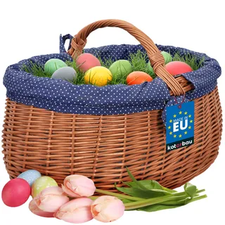 KOTARBAU® Weidenkorb mit Henkel 47x31x32 cm, Einkaufskorb geflochten Weide | Picknickkorb mit Stoffeinlage in Blau, Korb mit Henkel, Pilzkorb, Erntekorb, Natürlich & Lebensmittelecht, Braun