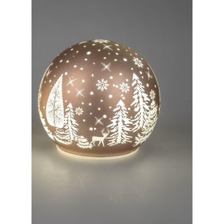 Weihnachtskugel Deko-Kugel Winterweiss Winterlandschaft mit LED-Licht 10cm aus glänzenden Weiss-goldenen Farbglas beleuchtet, stehend