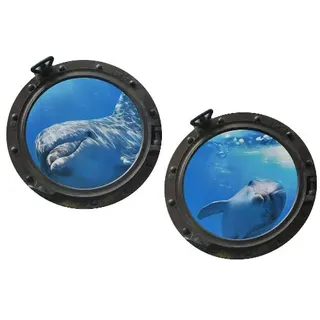 alles-meine.de GmbH 2 TLG. XL Set: Wandtattoo/Sticker - Bullauge - Fenster im Schiff Delfin Delphin Fisch - Wandsticker Aufkleber Flugzeug Wandaufkleber Badezimmer Fische