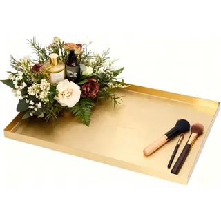 Tissting Deko Tablett Gold, 30 x 20 cm Rechteckig Servierplatte Dekotablett Edelstahl Serviertablett Kerzentablett Metall Tablett Bad Schmuck Organizer Buffet Teller für Kosmetik Dessert Kerzen