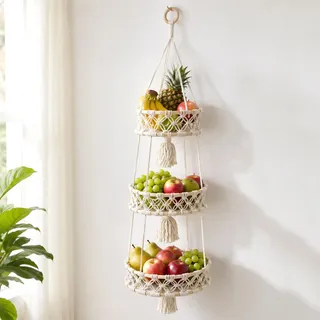 Junrvivy Makramee 3 Stöckig Obstkorb Etagere Hängend - Hängekorb Obst aus Baumwolle Boho Obstnetz für Gemüse und Obst Hängekorb Küche Aufbewahrungskorb zum Aufhängen Weiß 110 cm Wohnzimmer Badezimmer