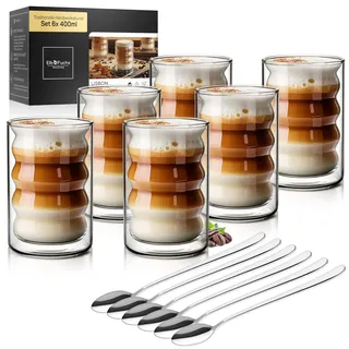 ElbFuchs® Latte Macchiato Bubble-Gläser Set [6×400 ml] Doppelwandige Thermogläser, kristallklar mit Löffeln | Cappuccino-Gläser, Kaffeegläser & Teegläser