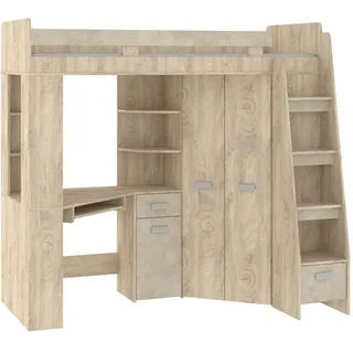 FurnitureByJDM Hochbett mit Schreibtisch, Schubladen, Regalen | Kleiderschrank - 80x200 cm Bettgröße - Rechtsseitige Treppe – ANTRESOLA (Eiche Endgrain / Granada Mandel)