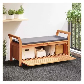 furnicato Gartenbank Sitzbank mit Stauraum aus Echtholz 126x50x60 cm Dunkelgrau, Truhenbank mit Polsterkissen und geschwungenen Lehnen für den Garten braun|grau 50 cm x 4 cm x 108 cm