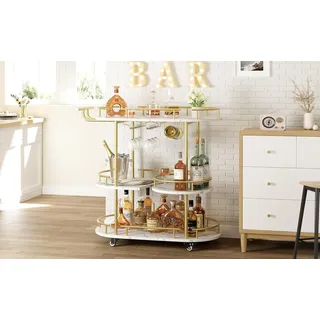 Litake Servierwagen Gold mit Rollen - 3-stöckiger Rollwagen, Küchenwagen Schmal mit Metallrahmen und Holzregal Barwagen Weinwagen Küchenrollwagen für Küche, Esszimmer, Bar, 87 x 40 x 94 cm