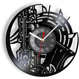 NIUBB 30 cm Deko wanduhr Saxophon-Musik-Orchester-Sound-Symphonie-Messing-Vinyl-Schallplattenuhr, musikalische Wandkunst, Heimdekoration, Wanduhr, Jazz-Musik, Geschenk