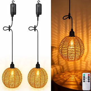 Boho Rattan Hängelampe,2 Stück Außen Innen Hängeleuchte,Batteriebetriebene Lampe Tragbare,Boho Korb Lampenschirm Pendelleuchte,Lampe Hängend,Hängeleuchte Rattan Mit Fernbedienung