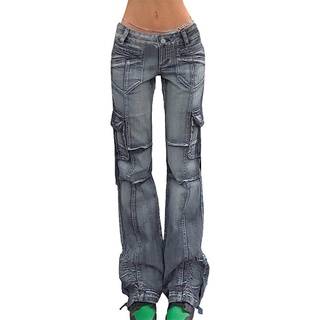 FIDDY Jeanshotpants Hose Low Waist Baggy Jeans Einfarbig Freizeithose mit Taschen L
