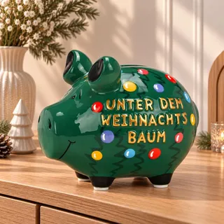 Lustige Spardose Sparschwein WEIHNACHTSBAUM grün bunt 12 cm