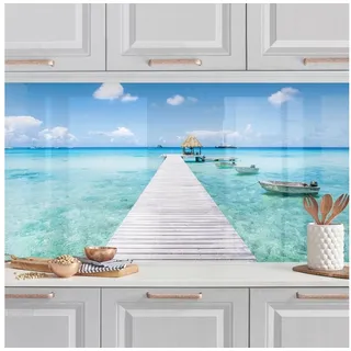 Bilderdepot24 Küchenrückwand türkis dekor Botanik Tropisch Natur Strand Meer Urlaub in den Tropen, (1-tlg., Nischenrückwand - für Fliesenspiegel ohne Bohren - matt), Spritzschutz Rückwand Küche Herd - Folie selbstklebend versch. Größen grün 140 cm x 40 cm