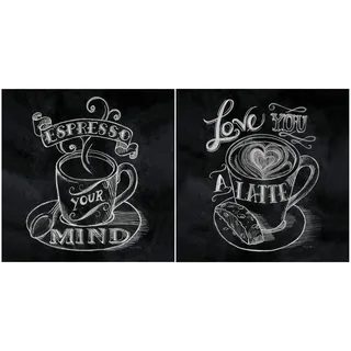 levandeo Glasbild 2er Set je 30x30cm Wandbild Glas Schwarz Weiß Espresso Latte Sprüche Lustig Wanddeko Kaffee Coffee Küche Küchendeko