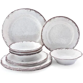 LEHAHA Geschirr-Set aus Melamin, Vintage-Stil, weiß, 12-teilig, leicht, unzerbrechlich, für den Außenbereich, Camper, Teller und Schüsseln, Service für 4 Personen, spülmaschinenfest