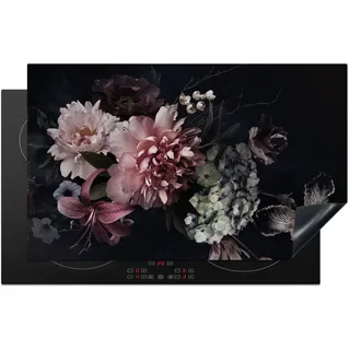 KitchenYeah© Herdabdeckplatte Einteilig Herdabdeckung Abdeckplatte für Ceranfeld Abdeckung Induktionskochfeld Aufrollbare Matte Blumen - Pink - Vintage - Pastell - Rosa - Schwarz - 85x52 cm