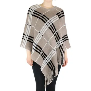 dy_mode Strickponcho Damen Strick Poncho Kariert Fransenponcho Überwurf Cape Pullover in Karo Muster, mit Fransen beige