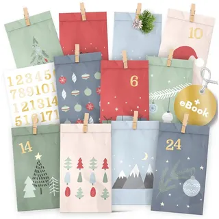 Amari befüllbarer Adventskalender Adventskalender zum Befüllen 2026, 24 Papiertüten 14×22 cm mit Zahlen (DIY Set, 72-tlg), Designs für Kinder & Erwachsene, wiederverwendbar, Ideen zum Befüllen
