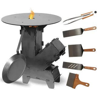 Czaja Raketenofen Set mit 5 mm starker Feuerplatte, Eisen Bratpfanne und 5-tlg Grillbesteck | Rocket Stove aus 3 mm dickem Stahl, Hobo Kocher, Campingkocher Campinggrill Made in Germany