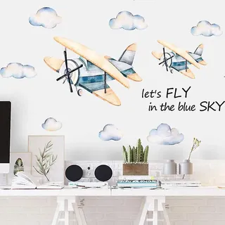 Aquarell-flugzeug-wandaufkleber Mit Wolken, Abnehmbare Vinyl-wanddekoration Für Ein Jungenzimmer (diy)