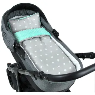 Babylux Babydecke Minky PLÜSCH Kuscheldecke Decke 75 x 60 cm + Kissen 2 TLG Set für Kinderwagen/Wiege (MP91 - Minze + Sterne Grau)