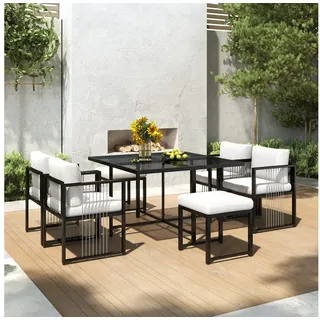 Merax Sitzgruppe aus Seil und verzinktem Eisen, (7-tlg., Gartengarnitur Gartenlounge Balkonmöbel), Gartenmöbel-Set für 6 Personen, Essgruppe mit Sessel, Hocker & Tisch weiß