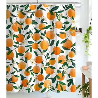 Lifeel Orange Duschvorhänge, Allover Fruits Duschvorhang Rund Zitrusmuster Design Wasserdicht Stoff Badezimmer Duschvorhang Set mit 12 Haken, Orange Grün