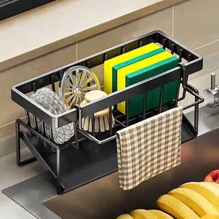 TFSZE Spülbecken Organizer, Schwarz, Küchen Sink Caddy Organizer mit Selbstentleerender Ablaufwanne, Schwammhalter, Spülmittel Halterung, Spüllappenhalter