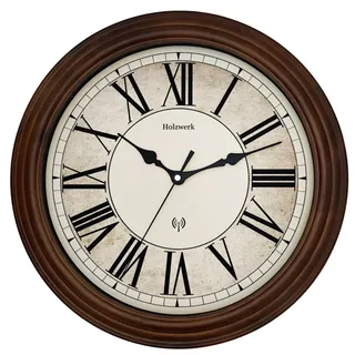 Holzwerk Wanduhr, Mokka, Holz, Glas, Kunststoff, Holz Optik, Vintage, Zeichen/Symbole/Nummern/Buchstaben, Rund, 35x35x5.5 cm, CE, Funkuhr, Dekoration, Uhren, Wanduhren