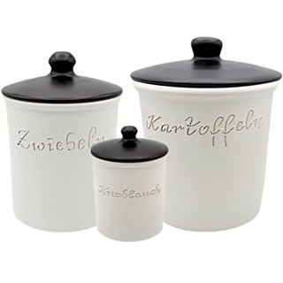 LISINA Keramik & Design - Keramik Set XL (Kartoffeltopf XL, Zwiebeltopf L Knoblauchtopf weiß/schwarz)