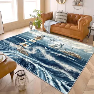 PaxGloz Maritimer Teppich Blau - Teppiche Wohnzimmer Schlafzimmer Leuchtturm Motiv, Großer Nautischer Teppich Maritime Deko, Weich Kurzflor & Waschbar & rutschfest Kinderteppich, 140x200 cm