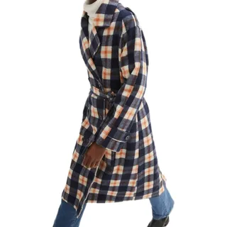 karierter Damen Herbst-Mantel mit Gürtel Alltags-Mantel Basic-Mantel Langarm-Jacke 940534 Blau/Orange - 48