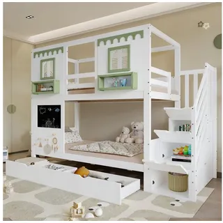 Merax Etagenbett 90x200cm mit Fenster Design (Jugendbett Hausbett Stockbett Doppelbett, 1-St), Kiefernholz Kinderbett mit 2 Schubladen, Stauraumtreppe, Tafel & Regal weiß