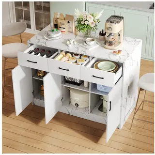 Ulife Kücheninsel mit Arbeitsplatte in Marmoroptik, 120x60x90,5 cm, Küchenschrank mit 3 Schubladen und 3 Türen Buffetschrank weiß