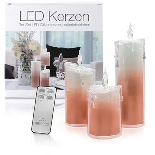 LED Acryl Glitzer Kerze Rot 3er Set "Liza" Deko Candle 13 18 24 CM Timer Remote
