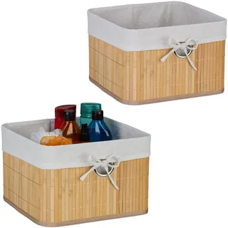 Relaxdays Aufbewahrungskorb 2er Set, Bambus, Stoffeinsatz, HBT: 20x31x31 cm, Körbchen Griffloch, Regalkorb, natur/weiß