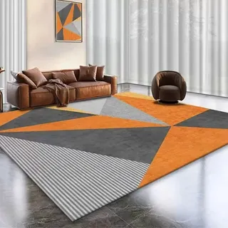Generisch Teppich Quadratisch,Geometrisches Design, modern, Weiß, Grau, Schwarz, Orange, 150 x 150 cm, Kurzflor Teppiche fürs Wohnzimmer Schlafzimmer Esszimmer Küche Flur Dekoration