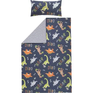 Erwin Müller Kinderbettwäsche Kinder-Wendebettwäsche, Baumwolle, Feinbiber Schriftzug: Dino, Roar/Tiermotive: Dinos blau
