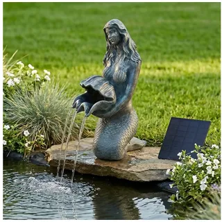 Arnusa Wasserspeier Solar Springbrunnen Meerjungfrau mit Pumpe Wasserspiel Teich, Teichdekoration Gartenfigur Bronze-Optik 27 cm grau