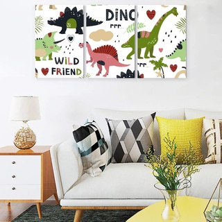 Veryday Dinosaurier Bilder auf Leinwand Wandbild Wandbilder 3 Teilig Kunstdrucke Kinderzimmer Babyzimmer Wanddeko für Mädchen Jungen ohne Rahmen Weiß 30x40 cm