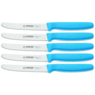 Giesser Messer Tomatenmesser Brötchenmesser Tafelmesser 11cm mit Wellenschliff 3mm - 5er Set (Hellblau)
