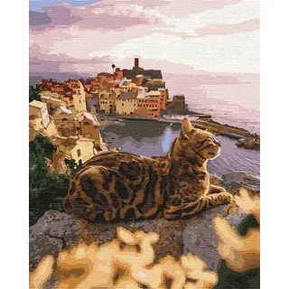 Artnapi Malen nach Zahlen Erwachsene mit Rahmen | DIY Handgemalt | Tiere - Katze am Meer | Kit für Anfänger und Erwachsene | Set inklusive Acrylfarben & Pinsel | 40x50cm Leinwand | Ideal als Geschenk