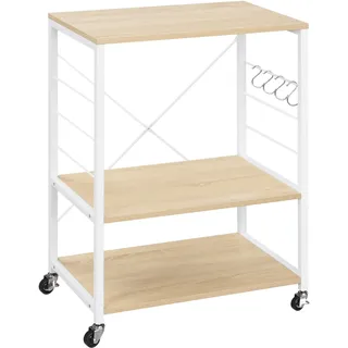 Woltu Küchenregal auf Rollen, Mikrowellen-Regal mit 3 Ablagen & 4 Haken, dreistufiger Servierwagen mit Metallrahmen, Mikrowellenhalter, Helle Eiche + Weiß, 60x40x82,5 cm