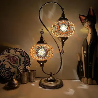 BOTOWI 2-Lichter türkische Lampe Mosaik Tischlampe Einzigartige marokkanische Tischleuchte Handgemachte Antik Bohemian Vintage Lampenschirm Tiffany Schreibtisch Nachttisch Buntglas Lampe,Braun