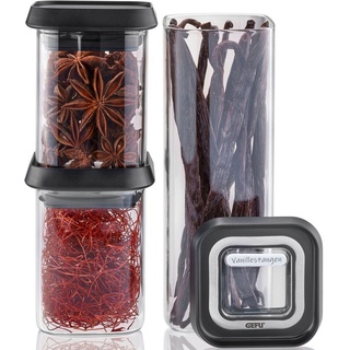 GEFU Vorratsdose PANTRY mini, Borosilikatglas, (Set, 3-tlg), ideal für Gewürze, Kräuter und Tee grau|schwarz|silberfarben