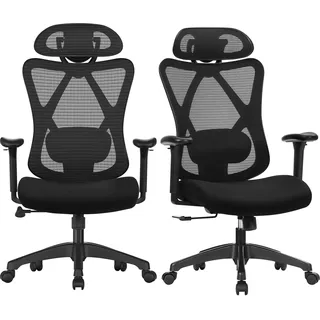 SONGMICS Bürostuhl ergonomisch, 2er Set, Schreibtischstuhl, Computerstuhl, Netzstuhl, verstellbares Lenden- und Kopfkissen, bis 150 kg belastbar, höhenverstellbar, tintenschwarz OBN063B01-2